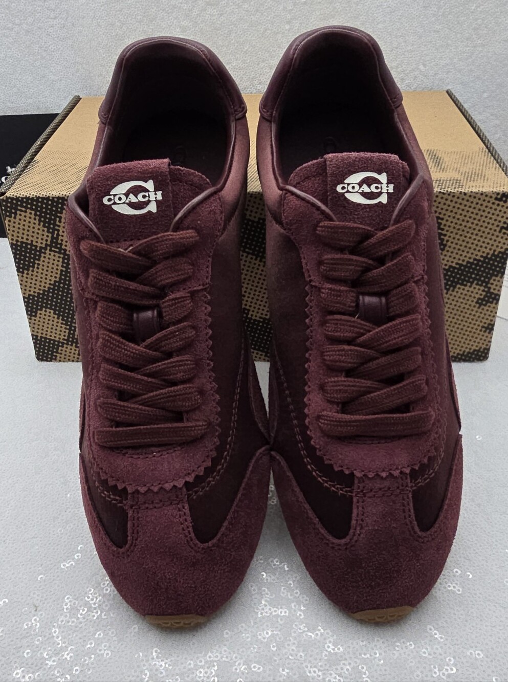 Coach Flat Sneaker Satin Suede Leather Low Profile Lace Up Ladies 9 Color Merlot